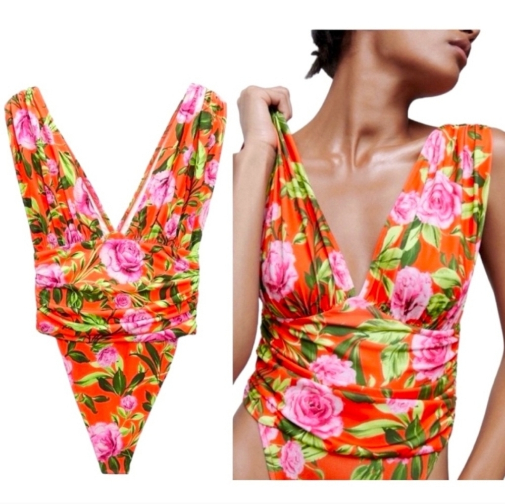 Zara Floral V-Neck Bodysuit Top